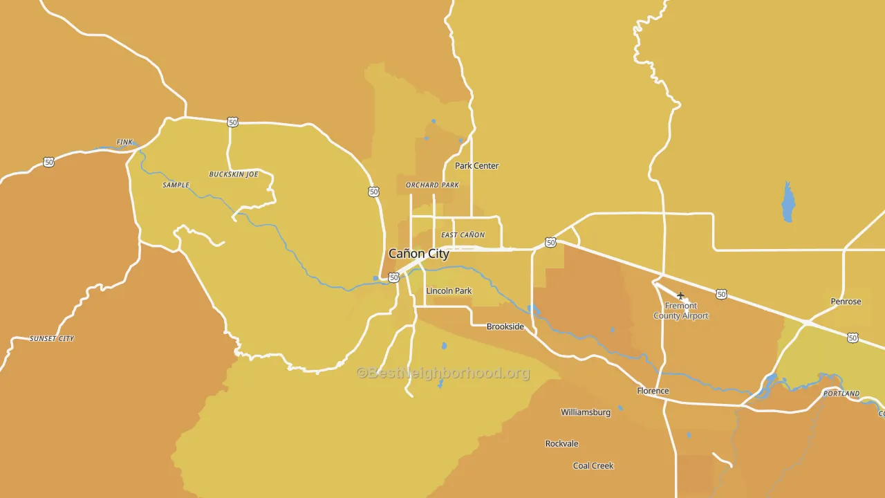 Map of the best neighborhoods in the 81212 area, with better matches in green and worse matches in red