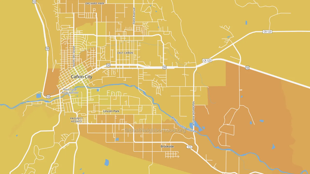 Map of the best neighborhoods in the 81215 area, with better matches in green and worse matches in red