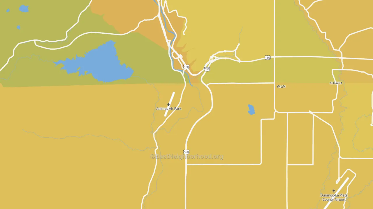 Map of the best neighborhoods in the 81303 area, with better matches in green and worse matches in red