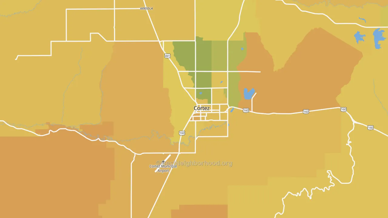Map of the best neighborhoods in the 81321 area, with better matches in green and worse matches in red