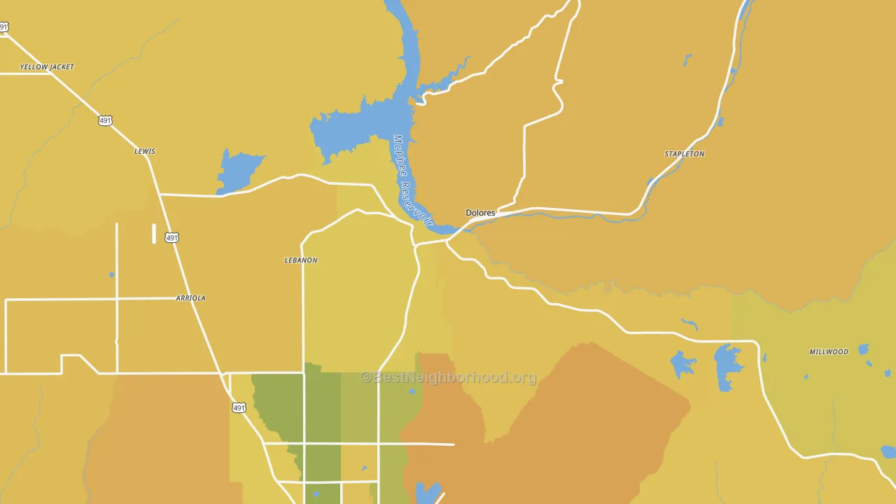 Map of the best neighborhoods in the 81323 area, with better matches in green and worse matches in red