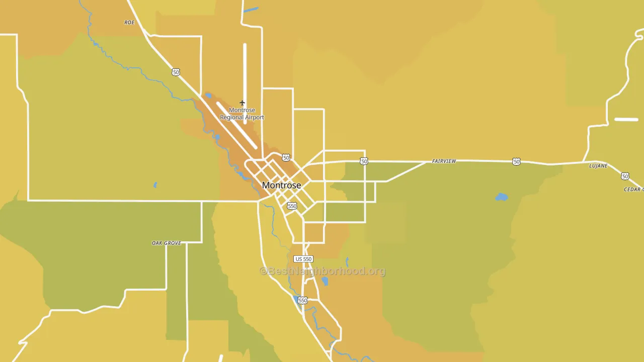 Map of the best neighborhoods in the 81401 area, with better matches in green and worse matches in red