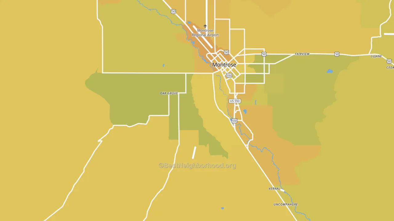 Map of the best neighborhoods in the 81403 area, with better matches in green and worse matches in red