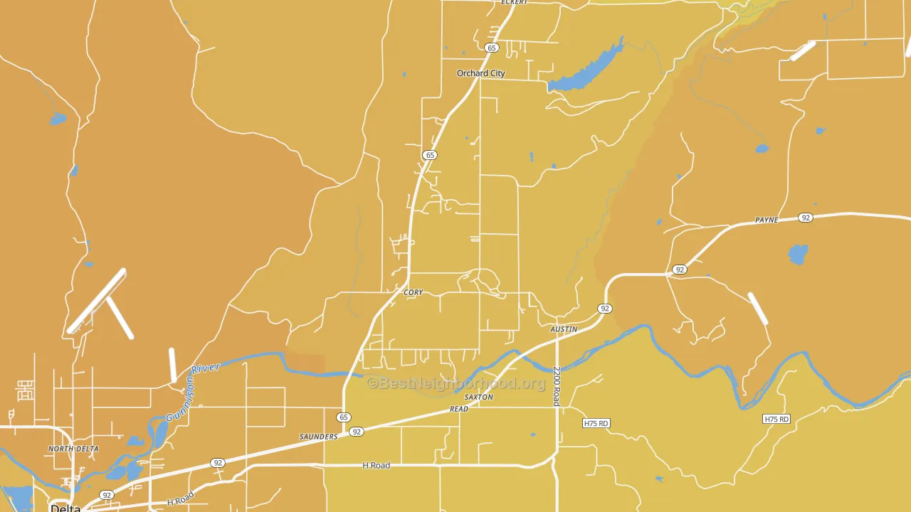 Map of the best neighborhoods in the 81410 area, with better matches in green and worse matches in red