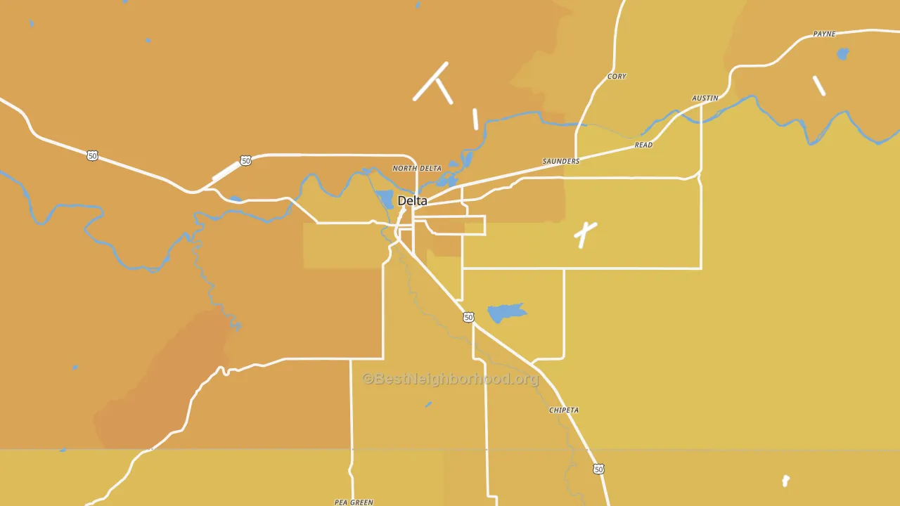 Map of the best neighborhoods in the 81416 area, with better matches in green and worse matches in red
