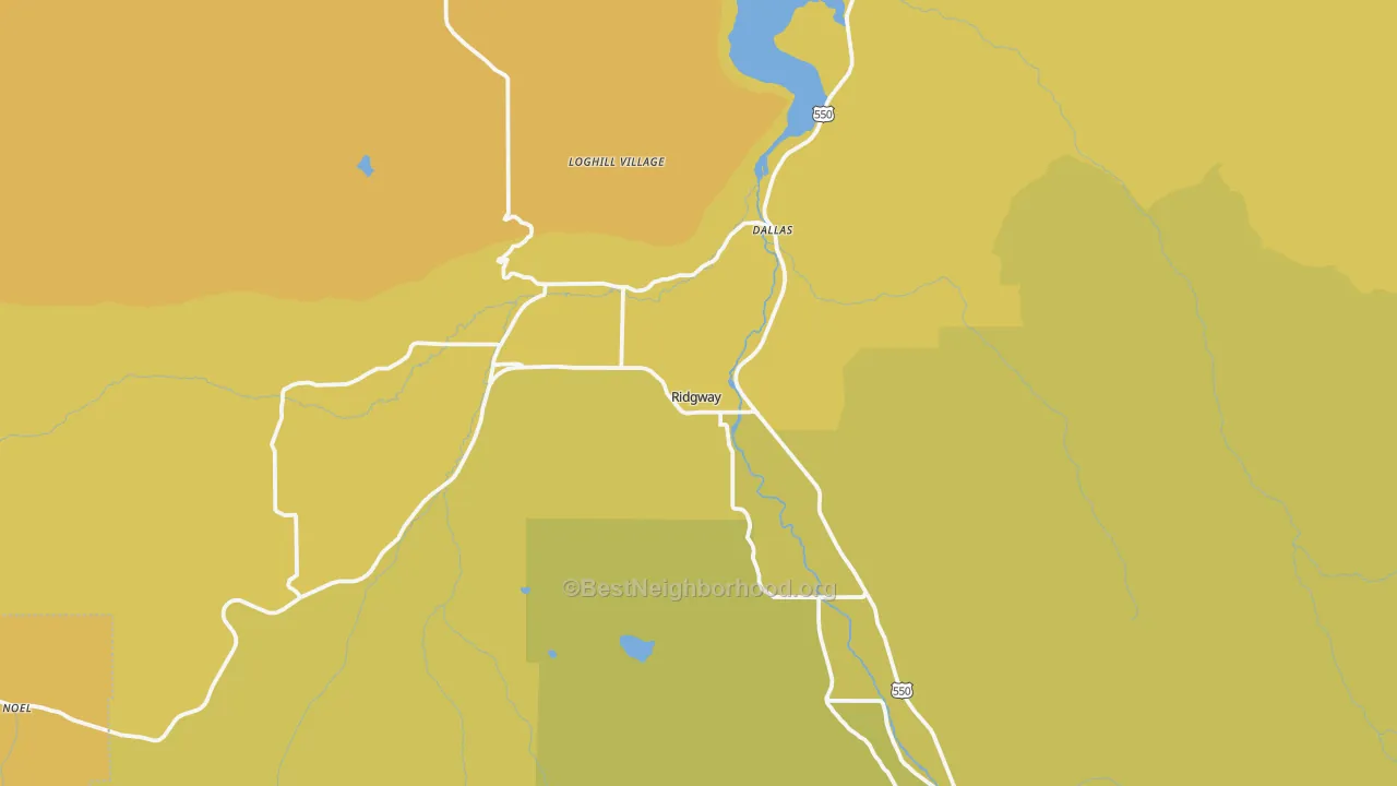 Map of the best neighborhoods in the 81432 area, with better matches in green and worse matches in red