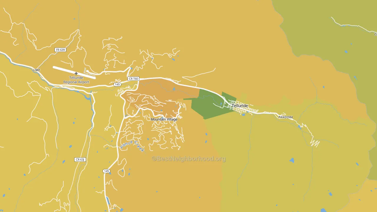 Map of the best neighborhoods in the 81435 area, with better matches in green and worse matches in red