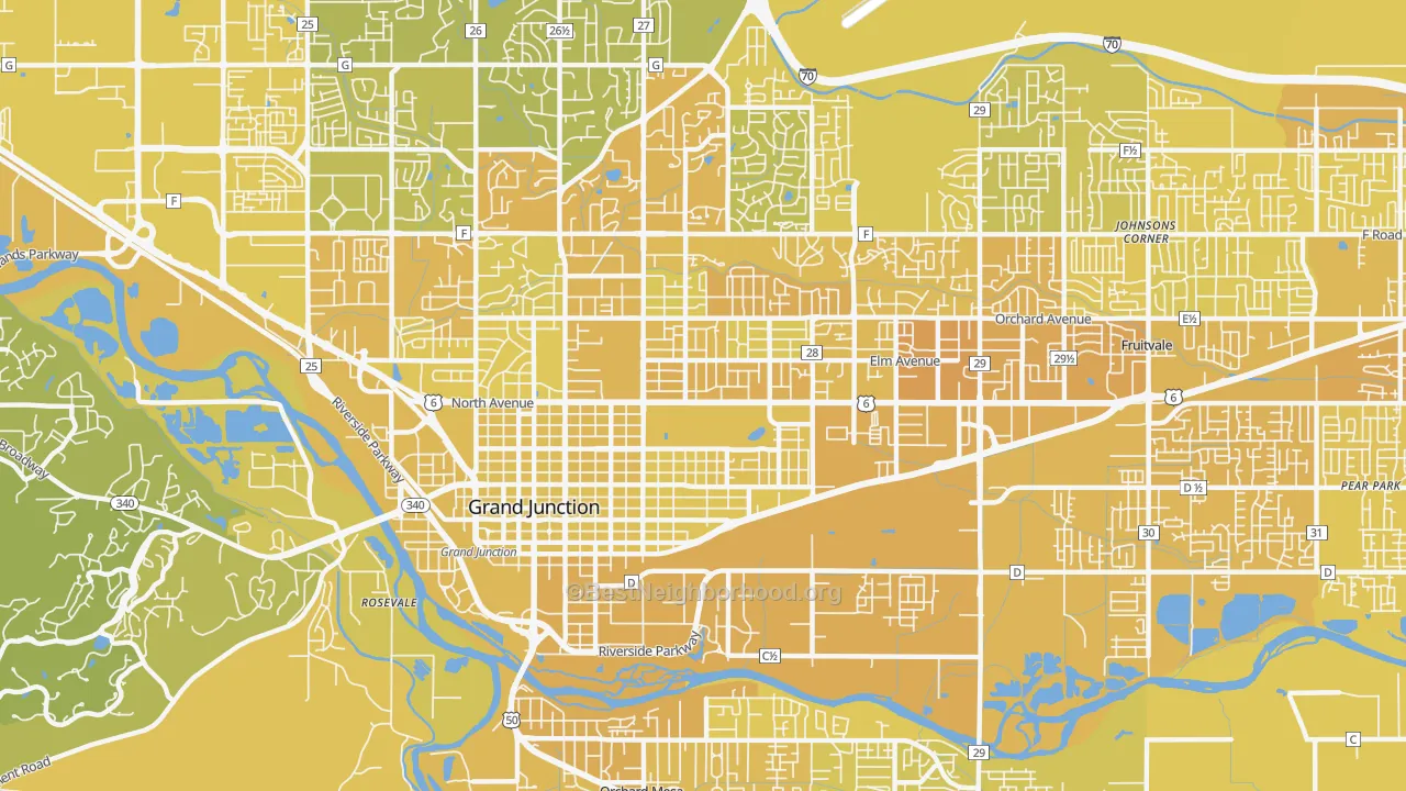 Map of the best neighborhoods in the 81501 area, with better matches in green and worse matches in red