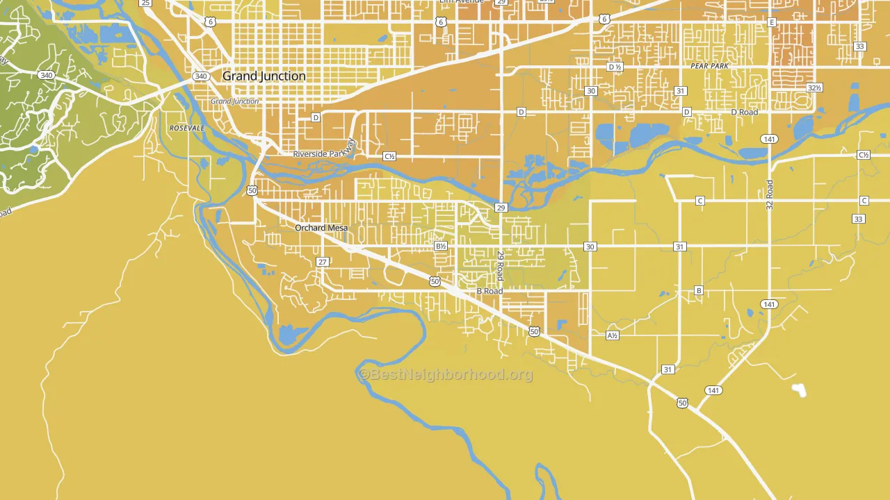 Map of the best neighborhoods in the 81503 area, with better matches in green and worse matches in red