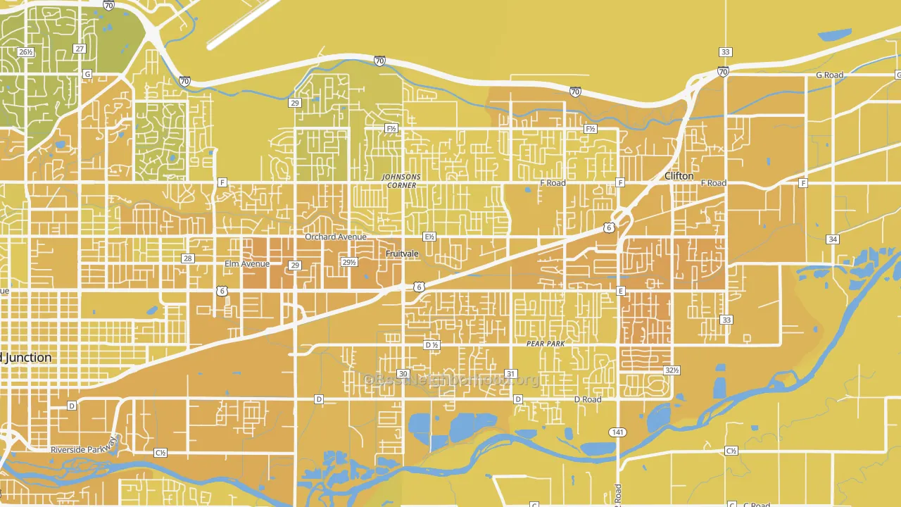 Map of the best neighborhoods in the 81504 area, with better matches in green and worse matches in red