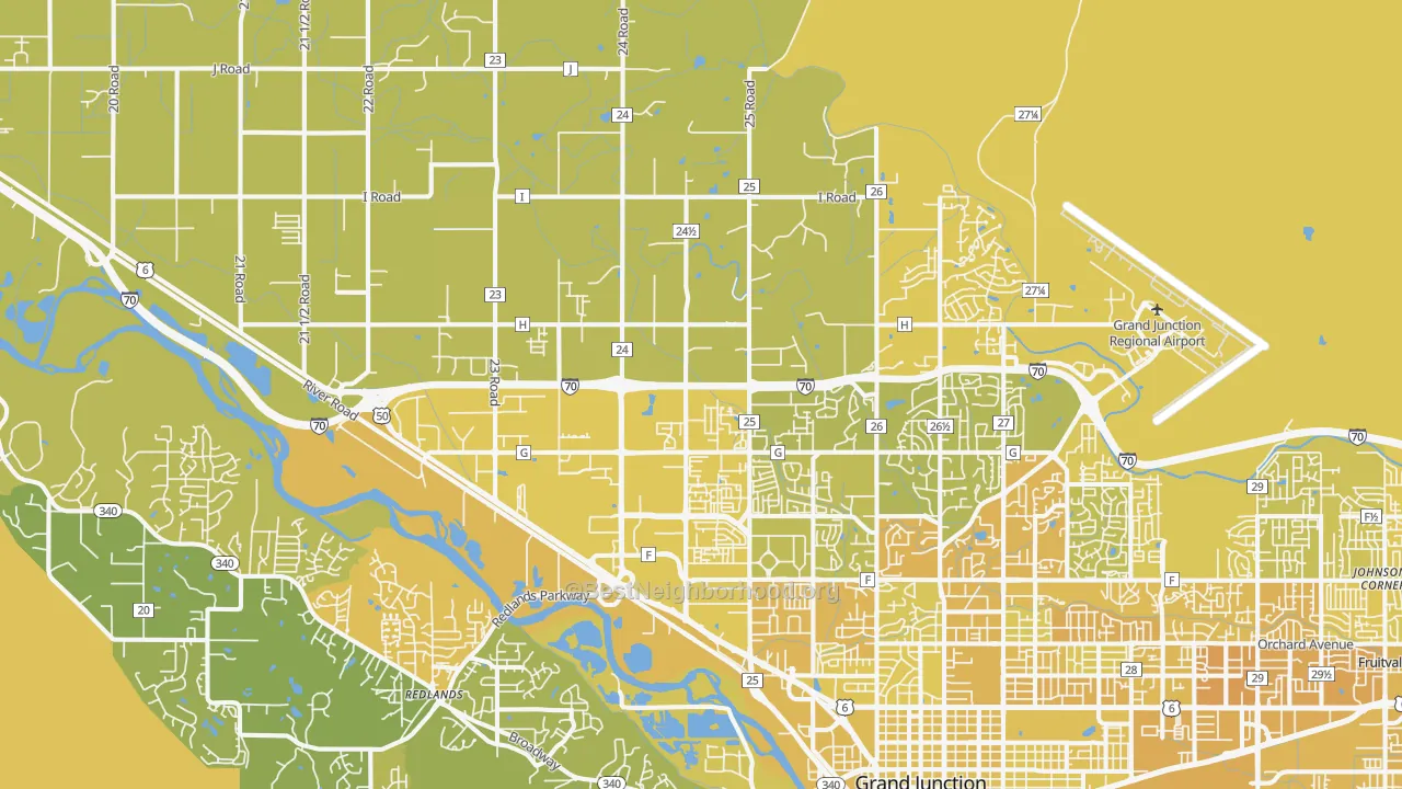 Map of the best neighborhoods in the 81505 area, with better matches in green and worse matches in red