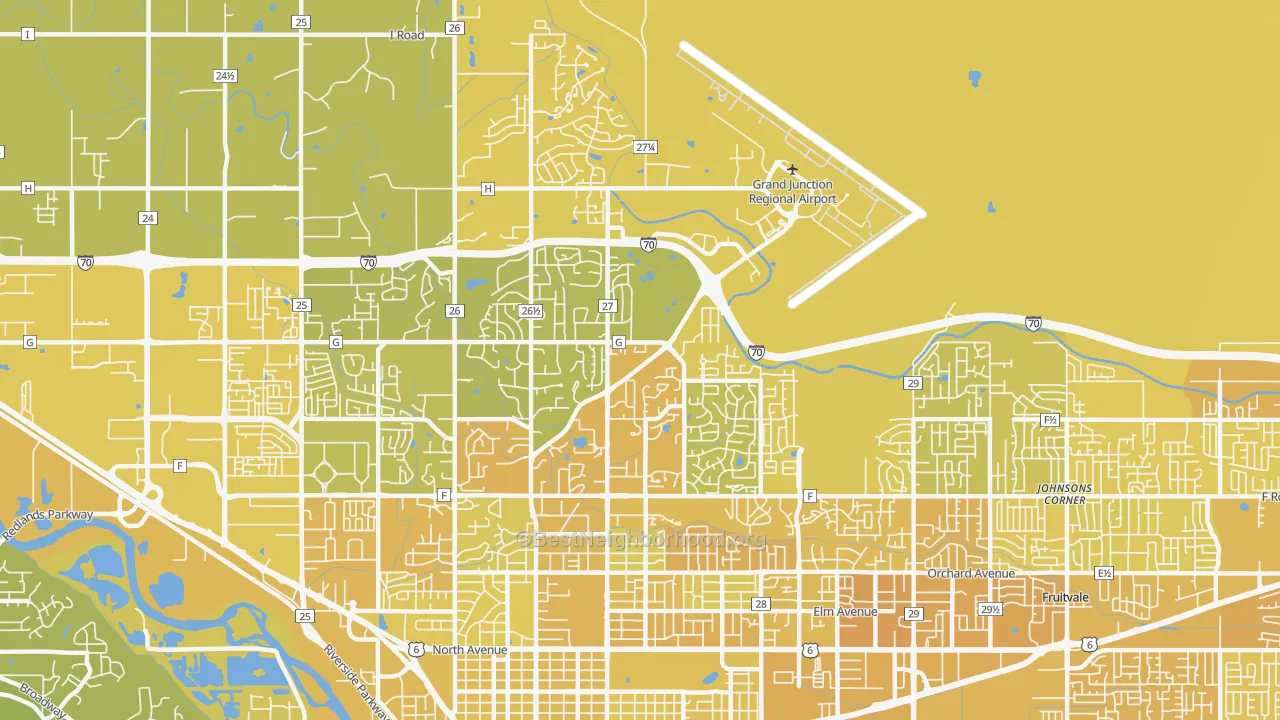 Map of the best neighborhoods in the 81506 area, with better matches in green and worse matches in red