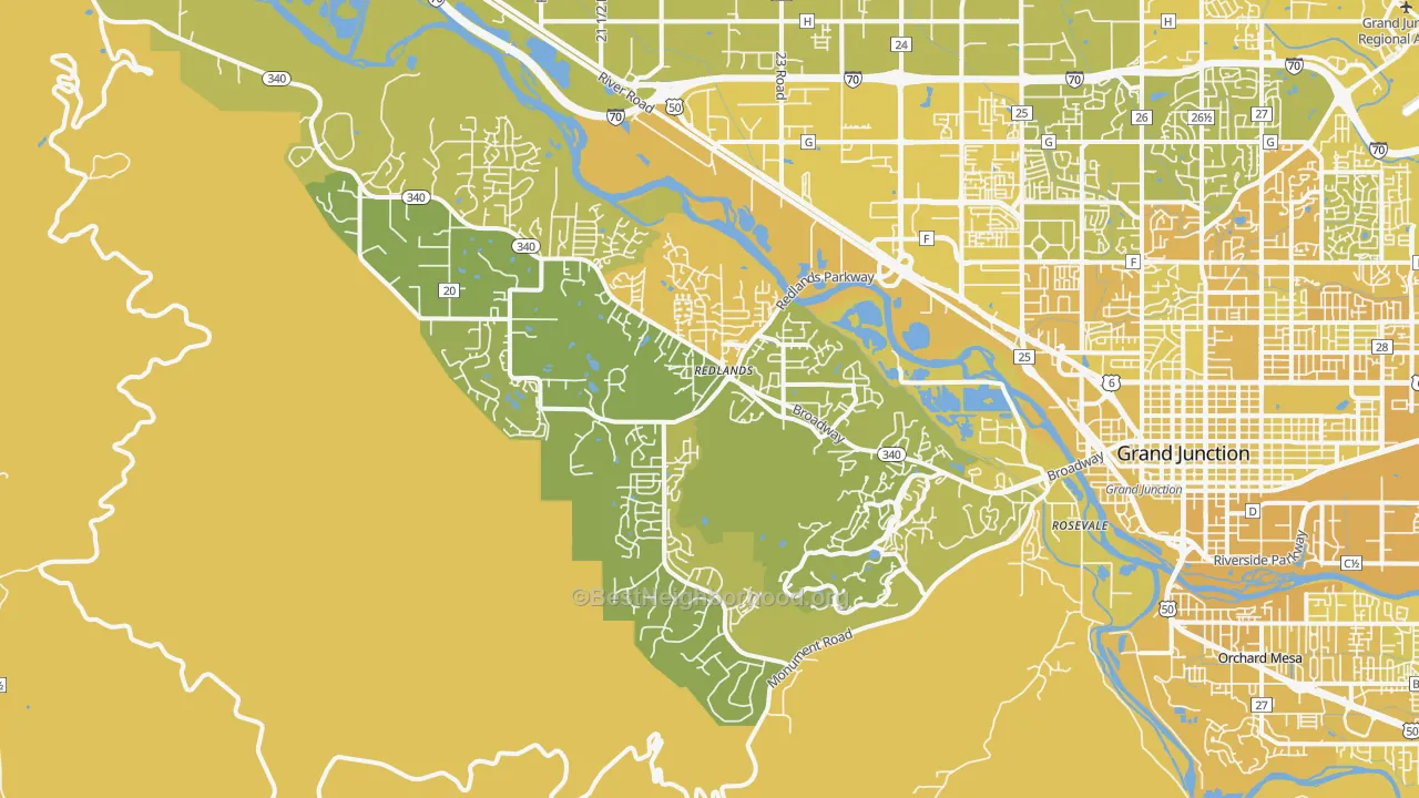 Map of the best neighborhoods in the 81507 area, with better matches in green and worse matches in red