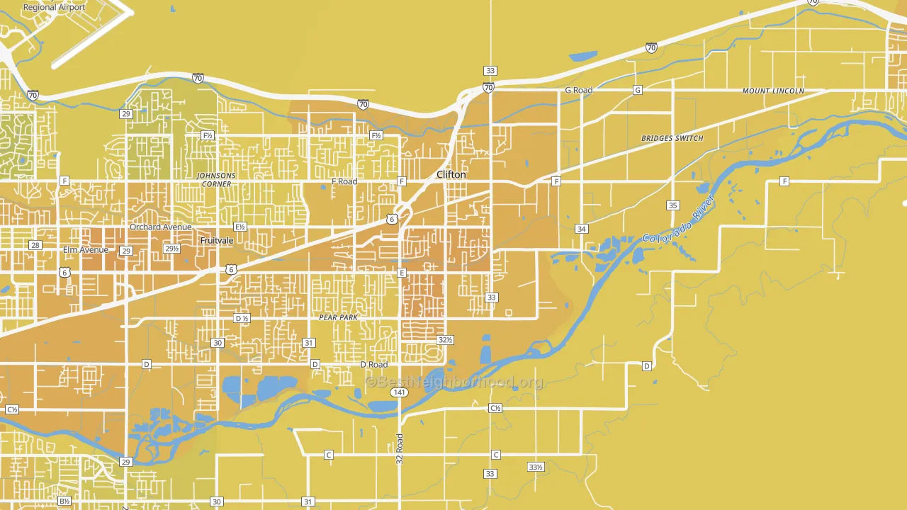 Map of the best neighborhoods in the 81520 area, with better matches in green and worse matches in red