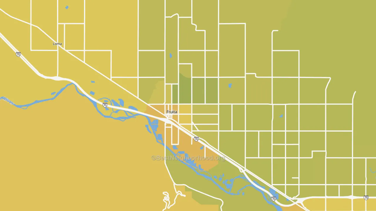 Map of the best neighborhoods in the 81521 area, with better matches in green and worse matches in red