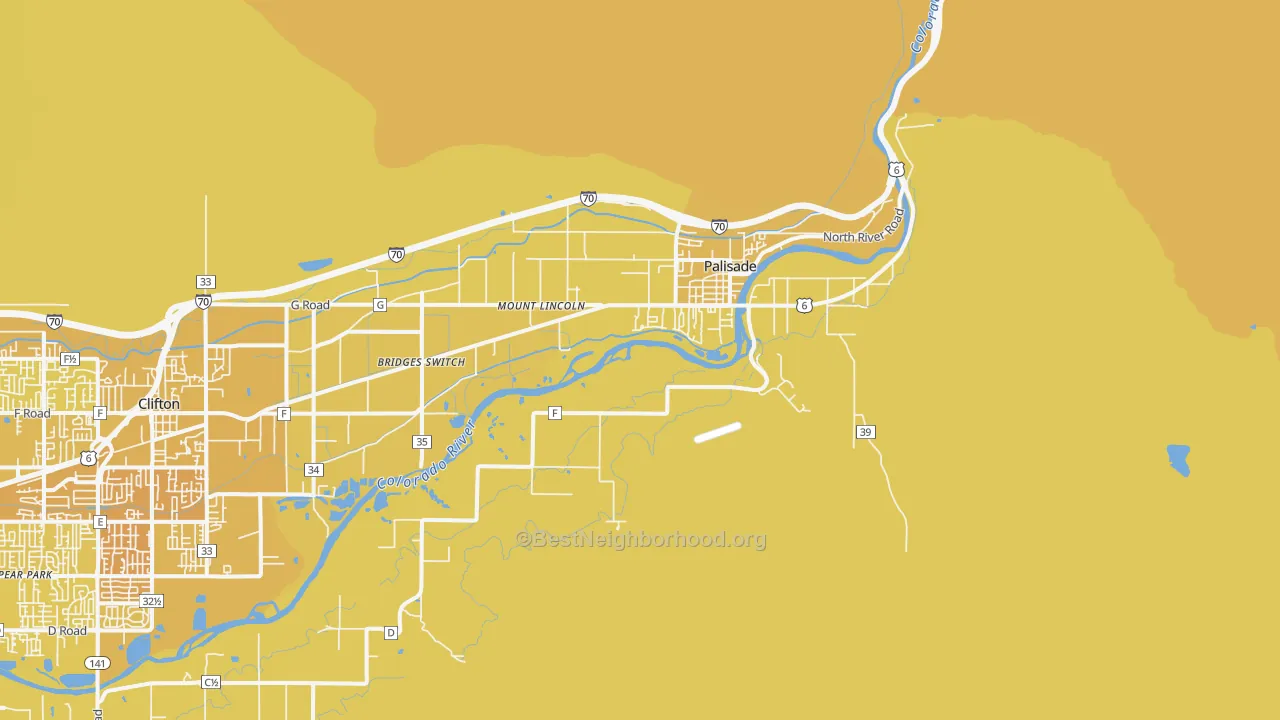 Map of the best neighborhoods in the 81526 area, with better matches in green and worse matches in red