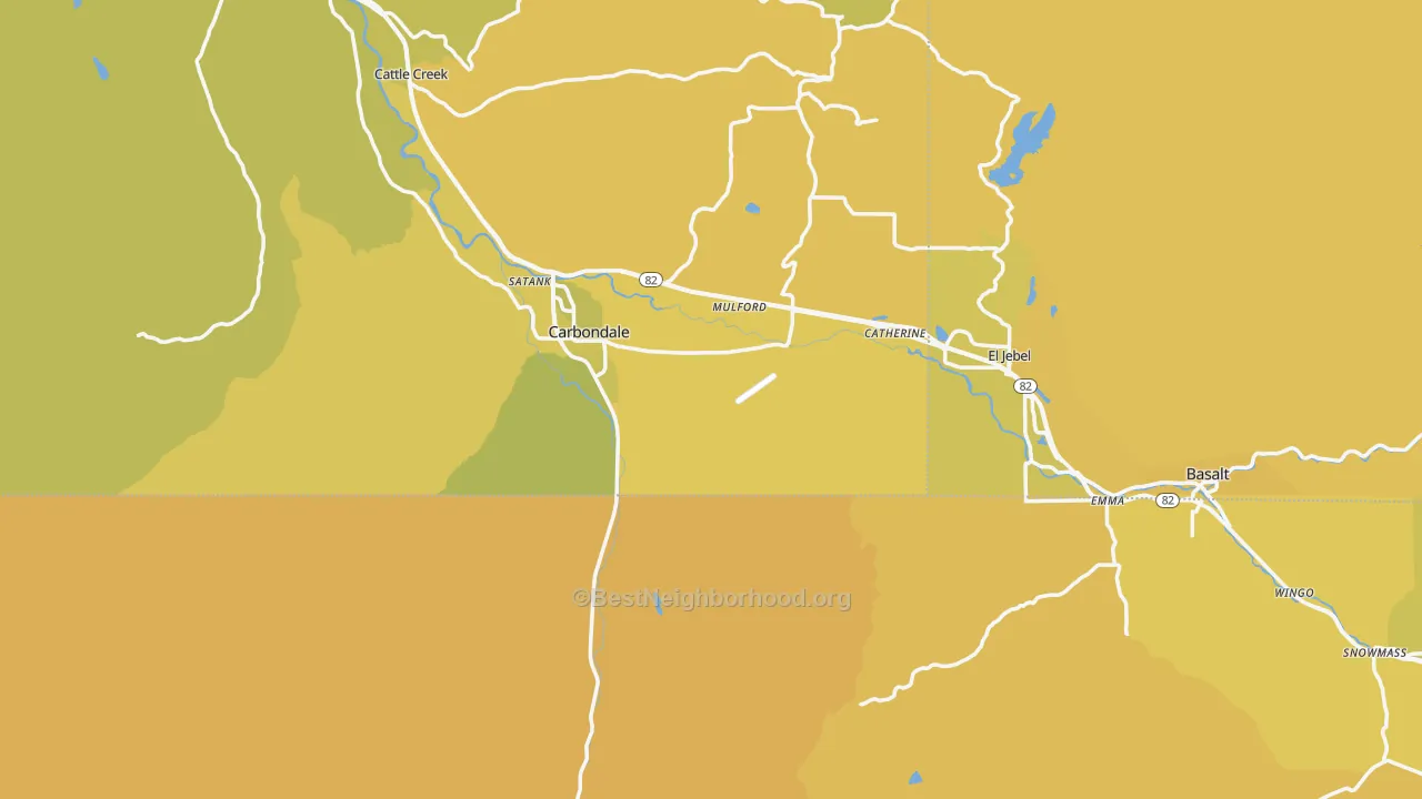 Map of the best neighborhoods in the 81623 area, with better matches in green and worse matches in red