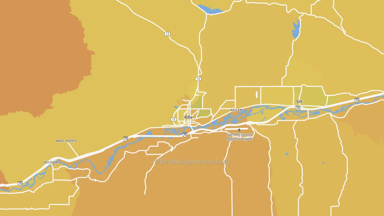 Map of the best neighborhoods in the 81650 area, with better matches in green and worse matches in red