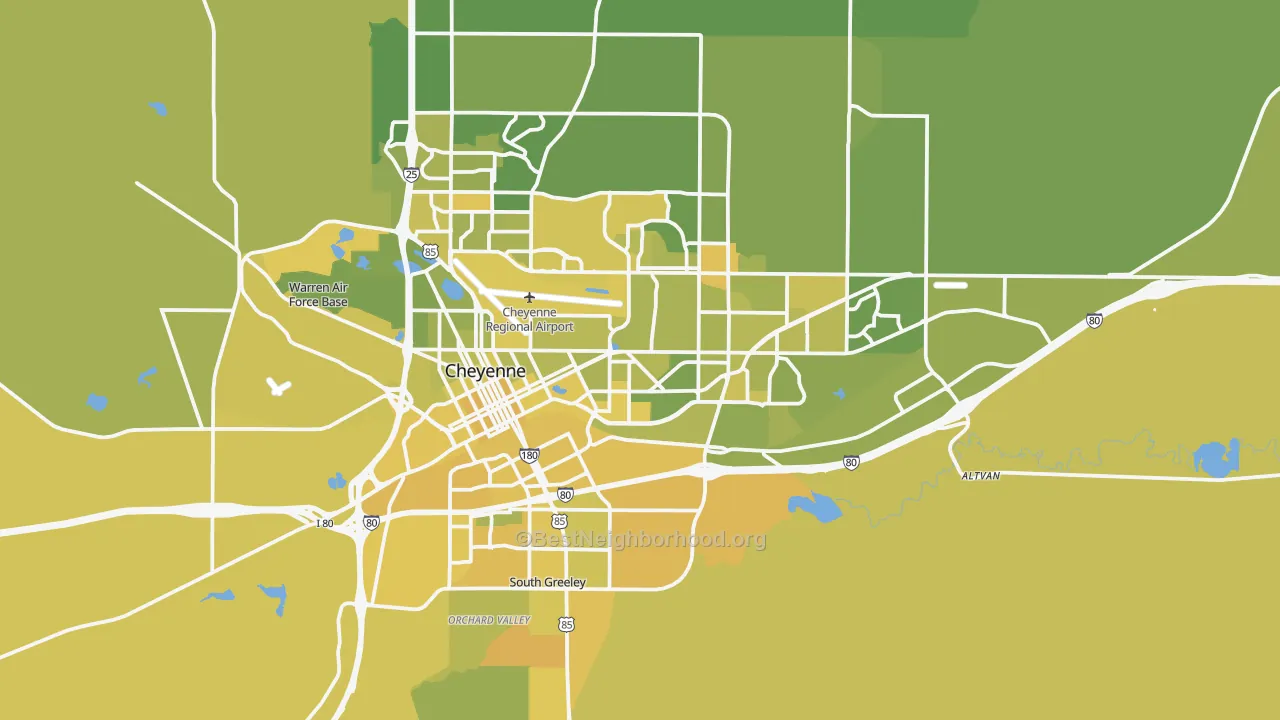 Map of the best neighborhoods in the 82001 area, with better matches in green and worse matches in red