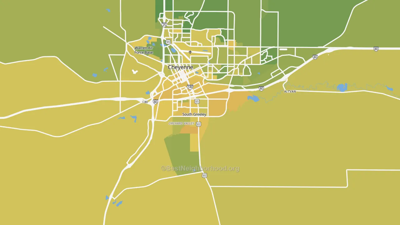 Map of the best neighborhoods in the 82007 area, with better matches in green and worse matches in red