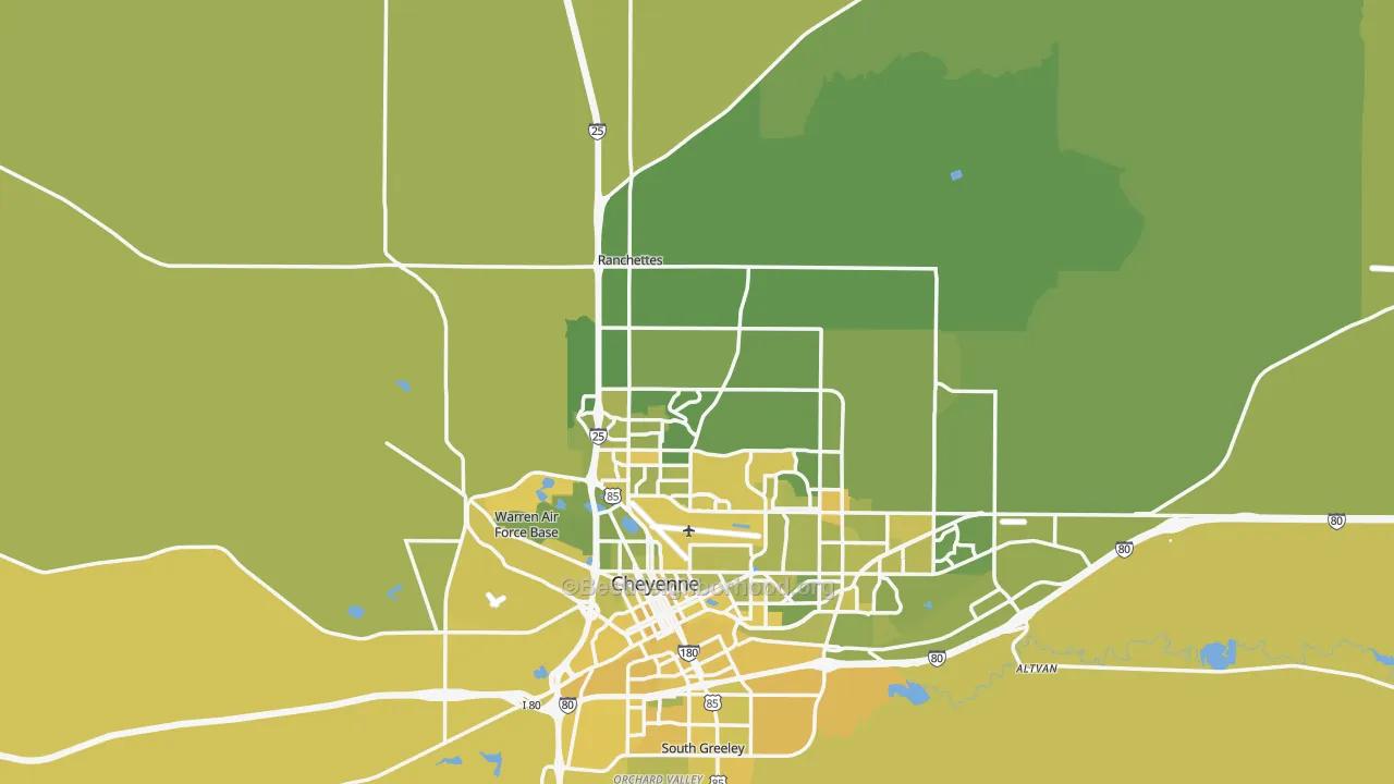 Map of the best neighborhoods in the 82009 area, with better matches in green and worse matches in red
