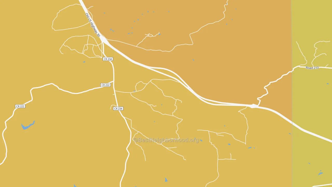 Map of the best neighborhoods in the 82052 area, with better matches in green and worse matches in red
