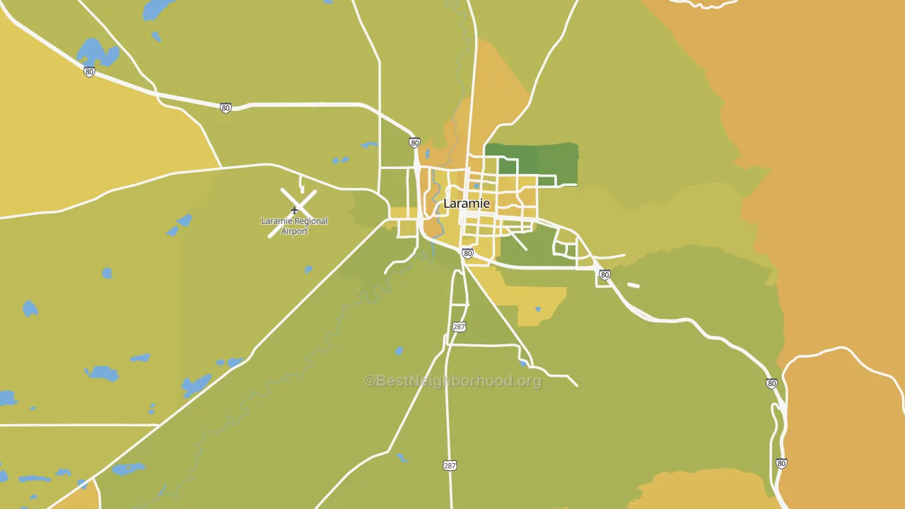 Map of the best neighborhoods in the 82070 area, with better matches in green and worse matches in red