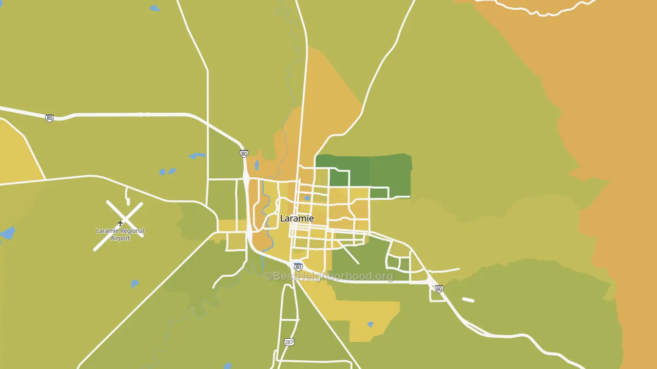 Map of the best neighborhoods in the 82072 area, with better matches in green and worse matches in red