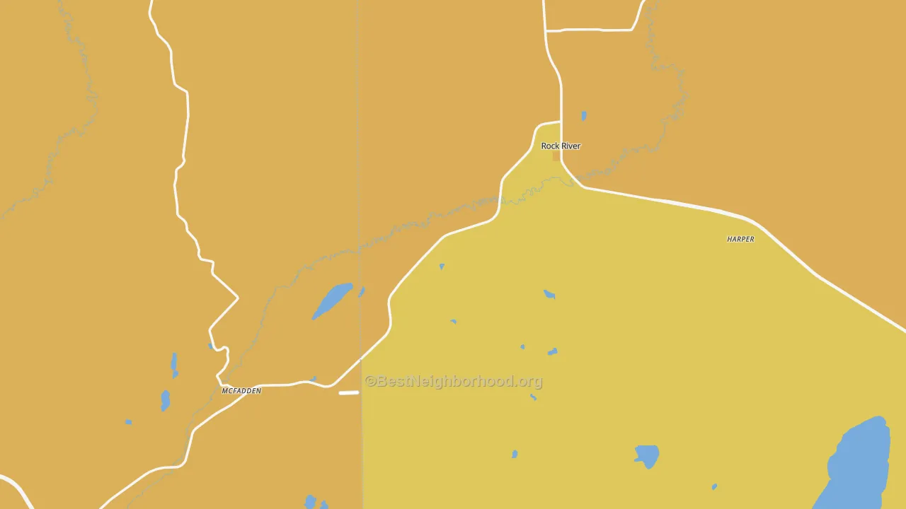 Map of the best neighborhoods in the 82083 area, with better matches in green and worse matches in red