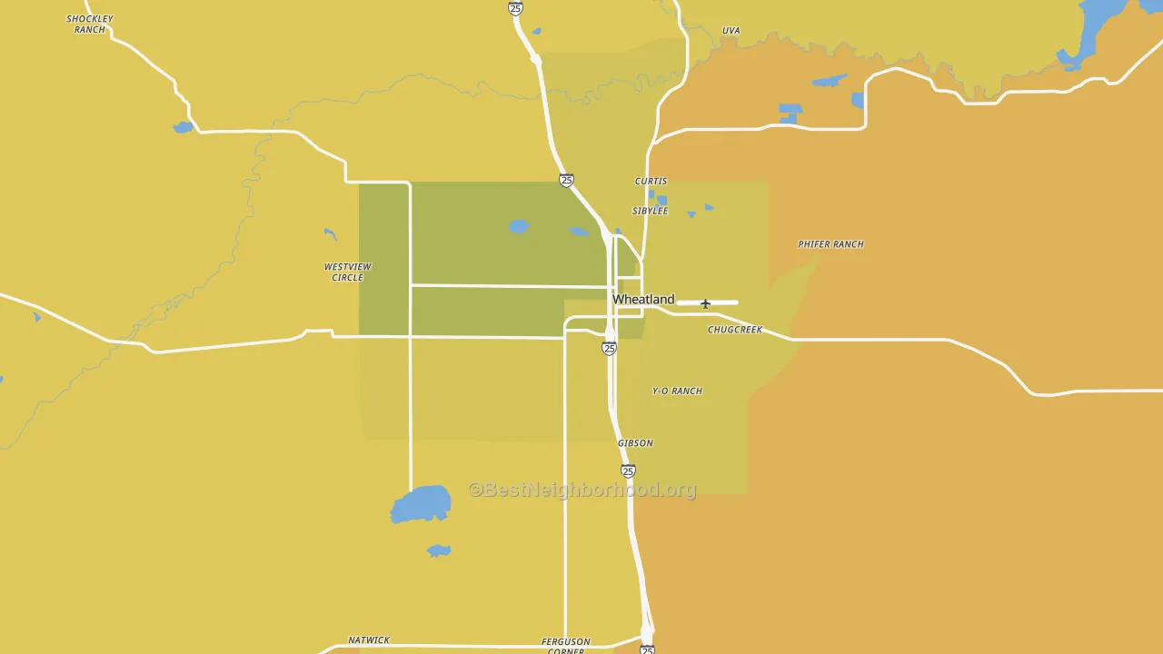Map of the best neighborhoods in the 82201 area, with better matches in green and worse matches in red