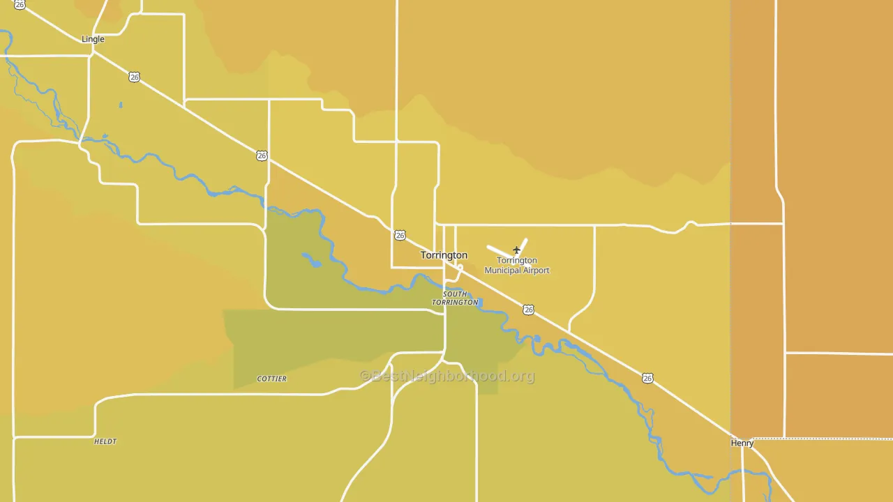 Map of the best neighborhoods in the 82240 area, with better matches in green and worse matches in red