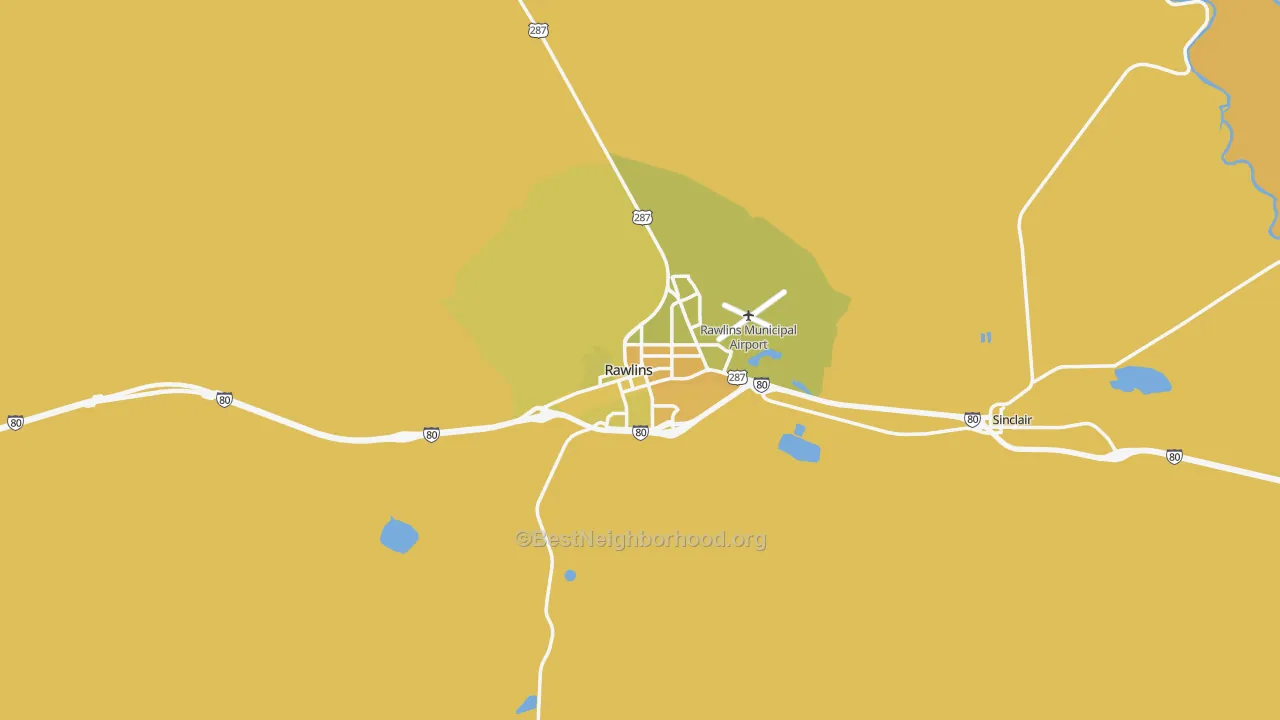 Map of the best neighborhoods in the 82301 area, with better matches in green and worse matches in red