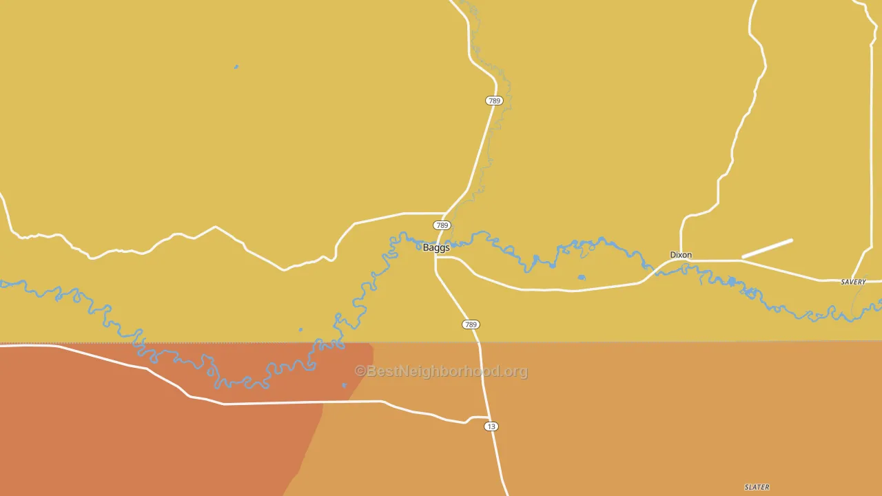 Map of the best neighborhoods in the 82321 area, with better matches in green and worse matches in red