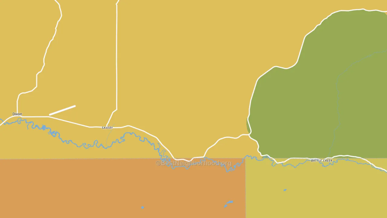 Map of the best neighborhoods in the 82332 area, with better matches in green and worse matches in red