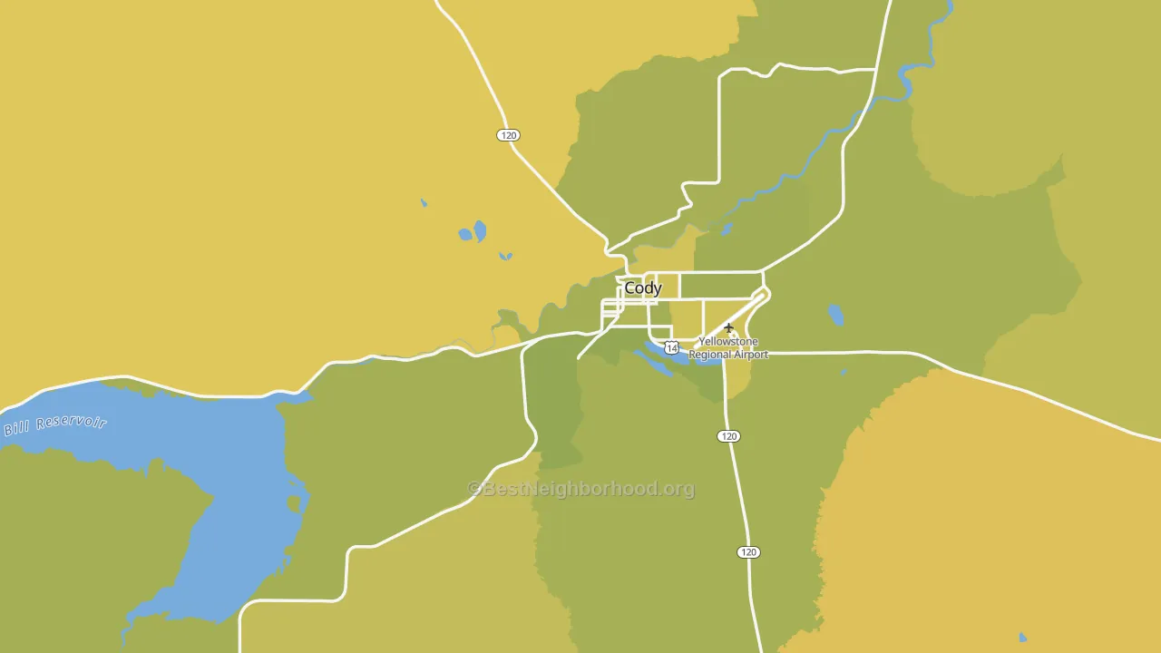 Map of the best neighborhoods in the 82414 area, with better matches in green and worse matches in red