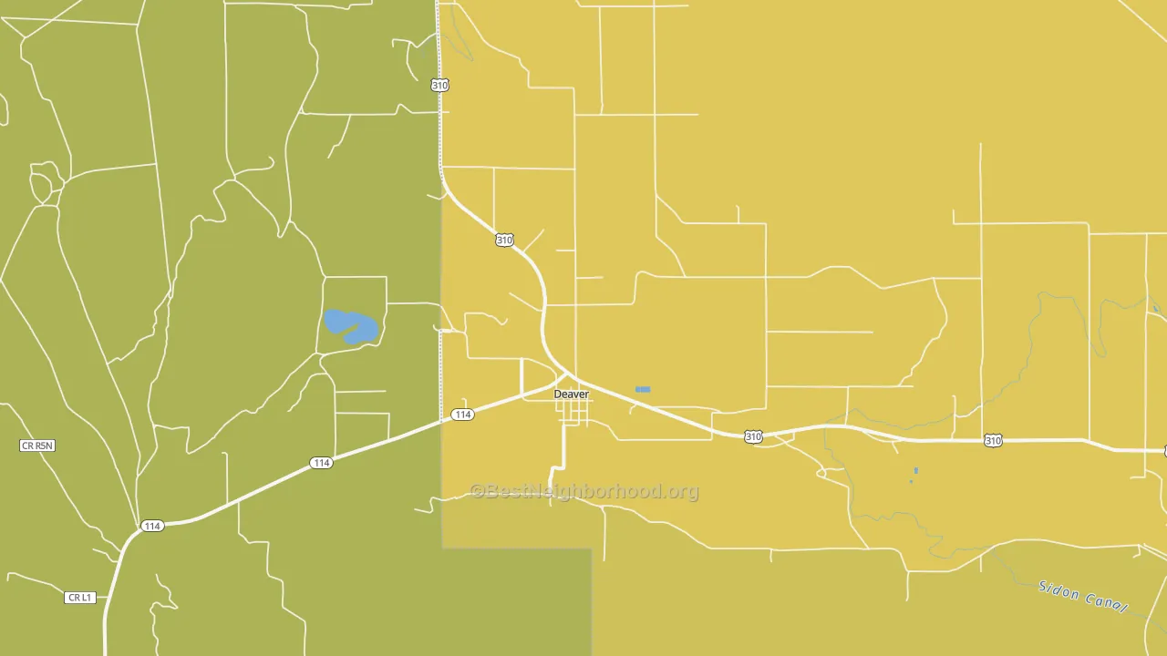Map of the best neighborhoods in the 82421 area, with better matches in green and worse matches in red