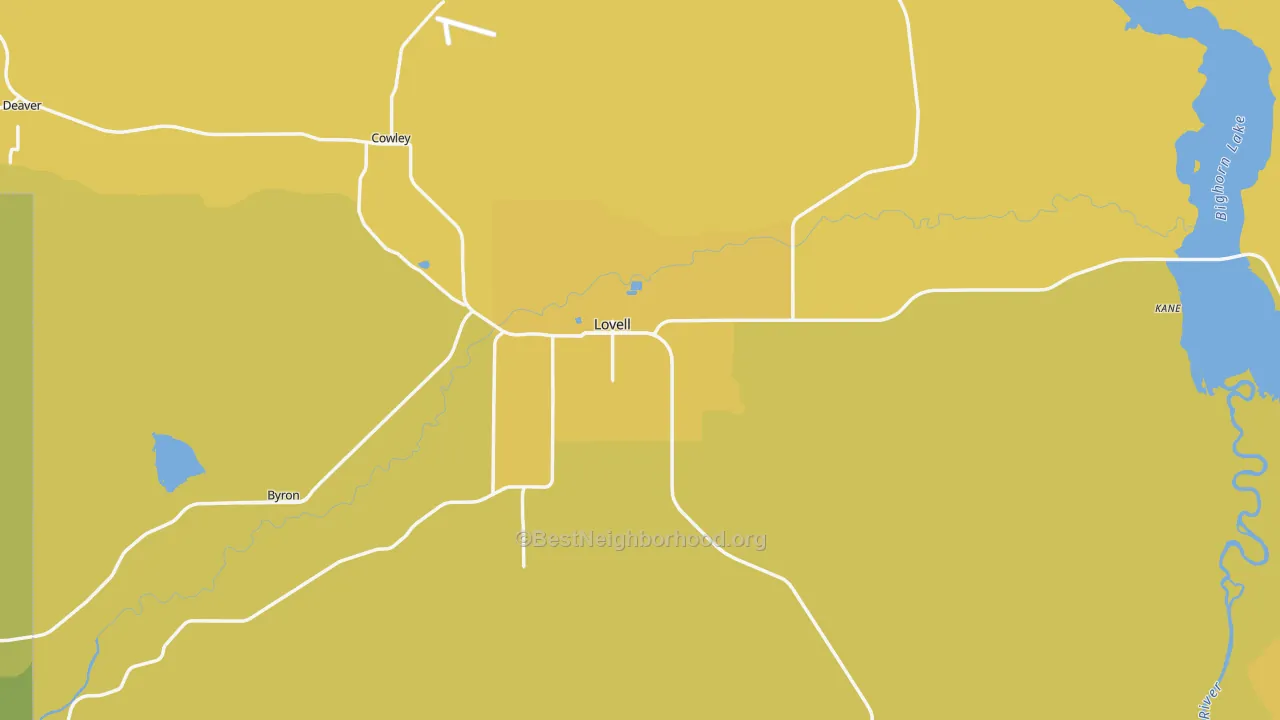 Map of the best neighborhoods in the 82431 area, with better matches in green and worse matches in red