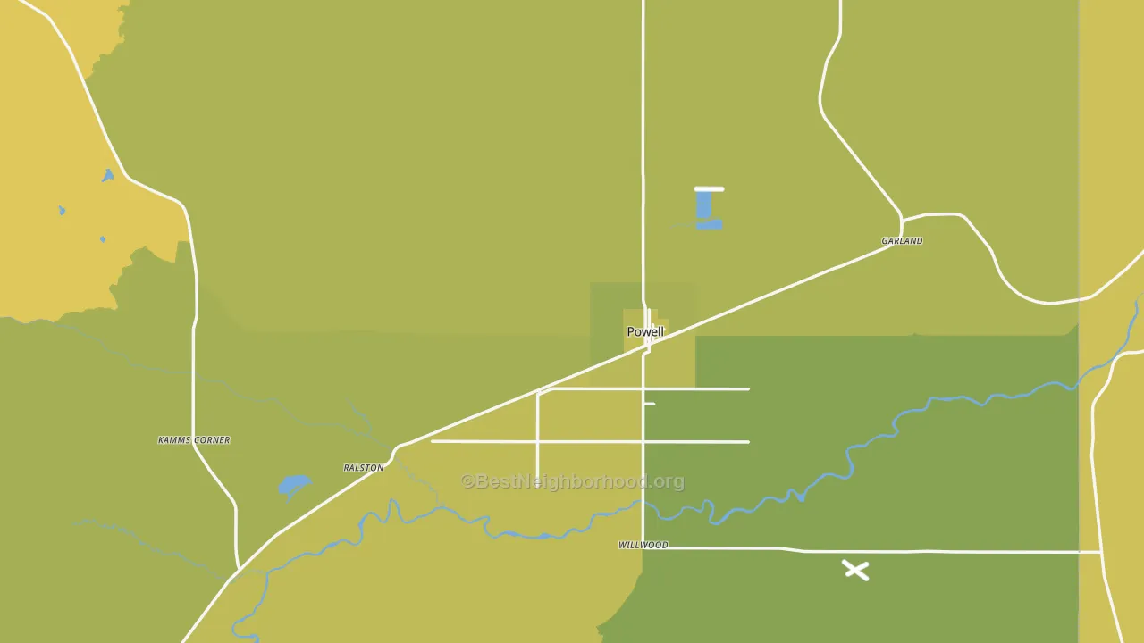 Map of the best neighborhoods in the 82435 area, with better matches in green and worse matches in red