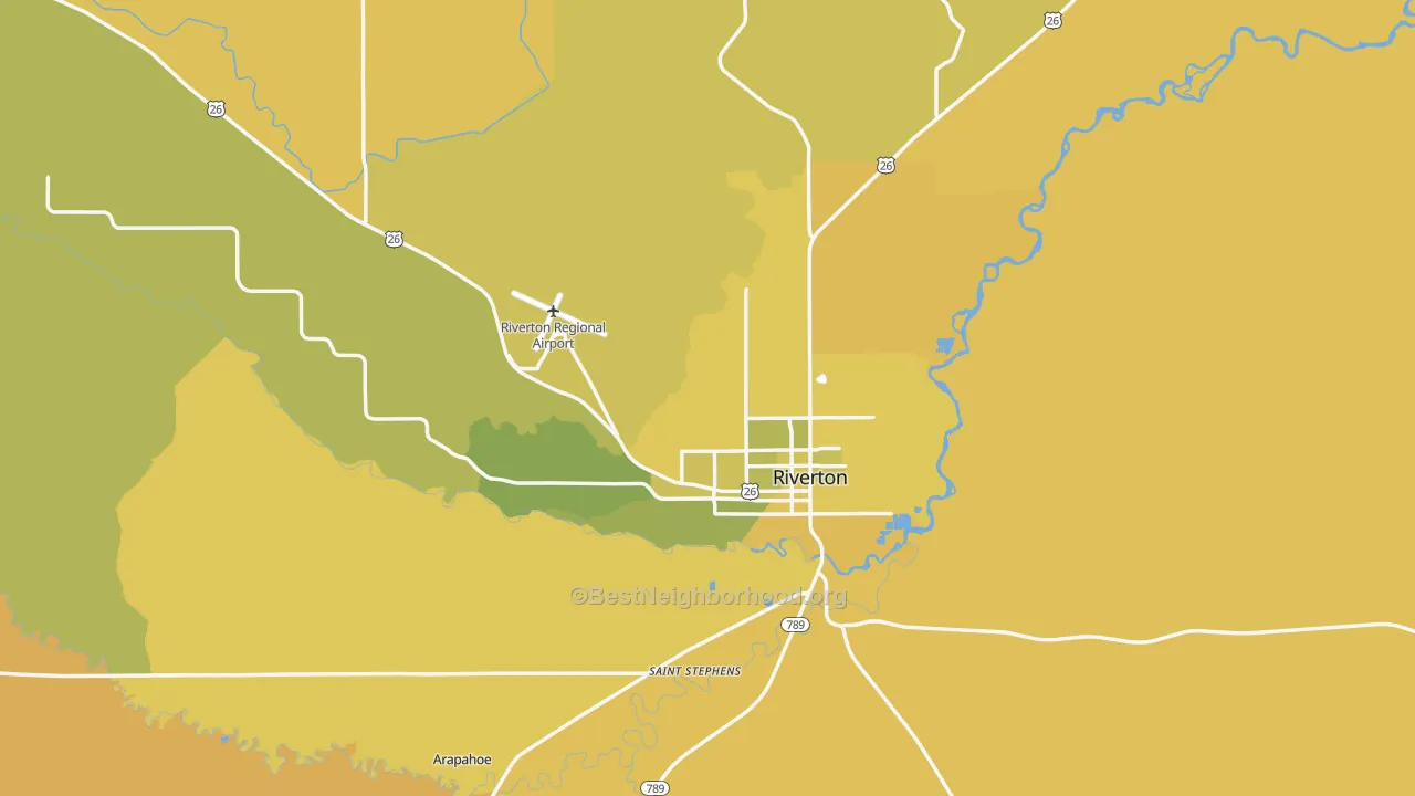 Map of the best neighborhoods in the 82501 area, with better matches in green and worse matches in red