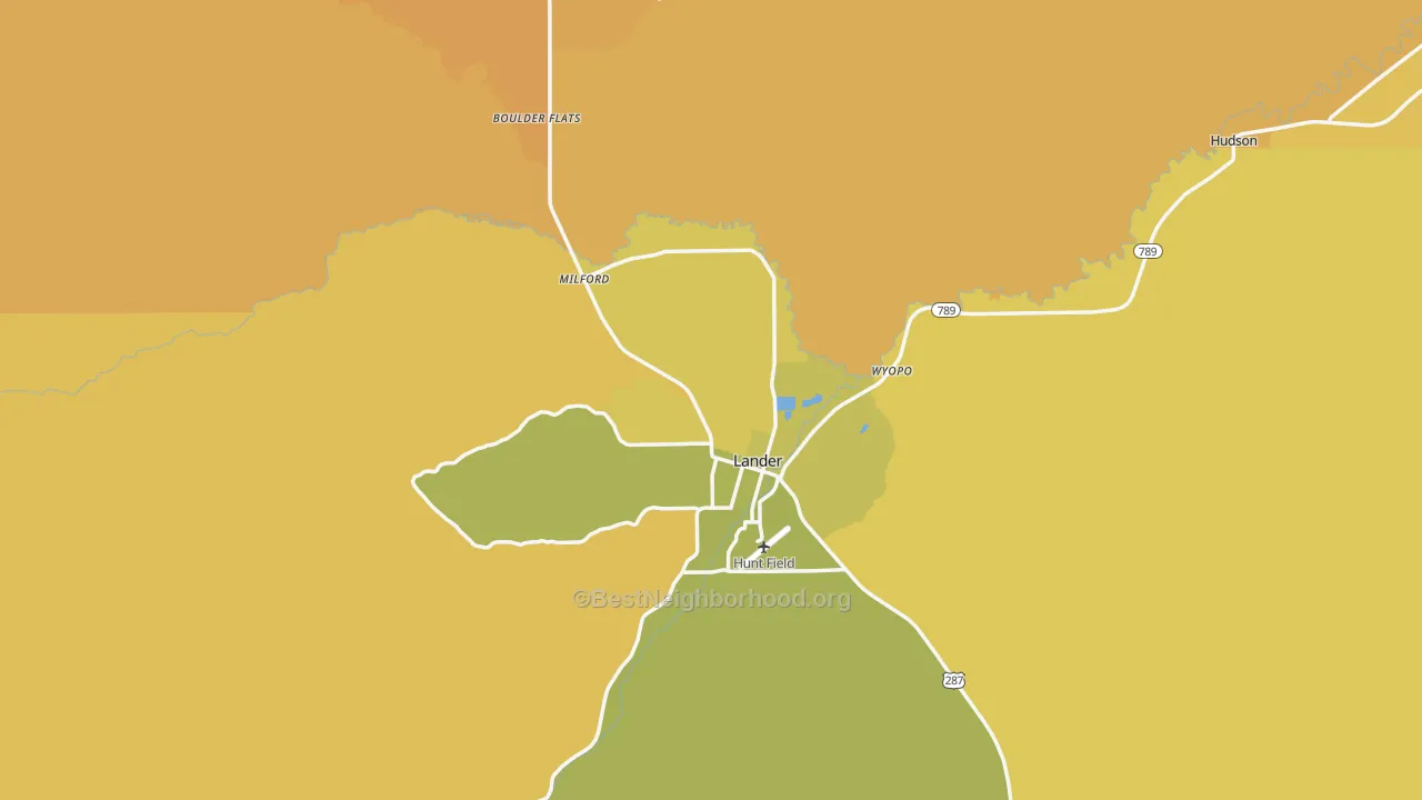 Map of the best neighborhoods in the 82520 area, with better matches in green and worse matches in red