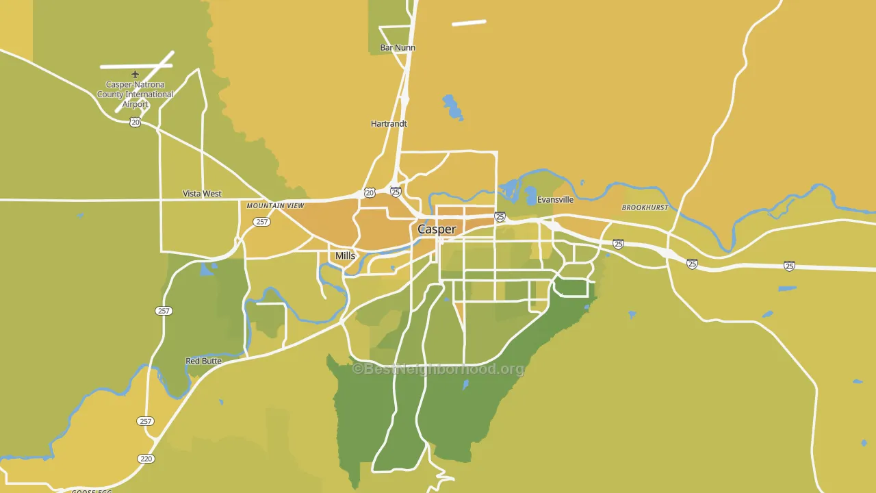 Map of the best neighborhoods in the 82601 area, with better matches in green and worse matches in red