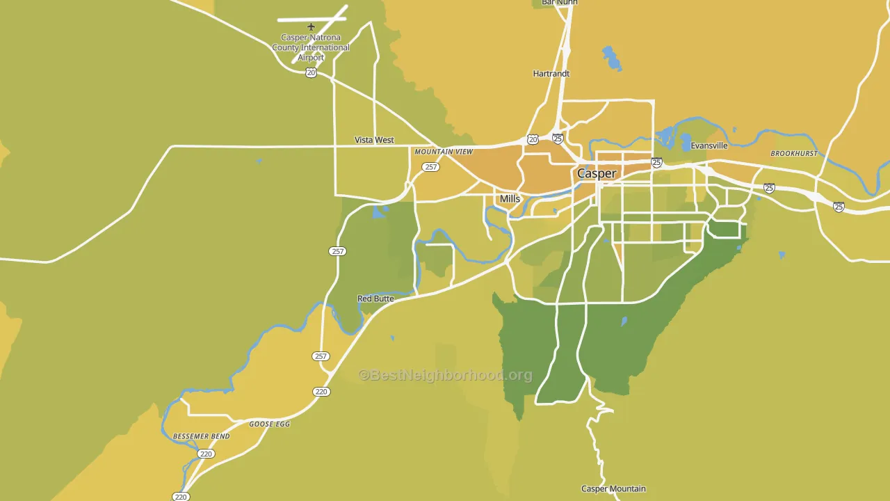 Map of the best neighborhoods in the 82604 area, with better matches in green and worse matches in red