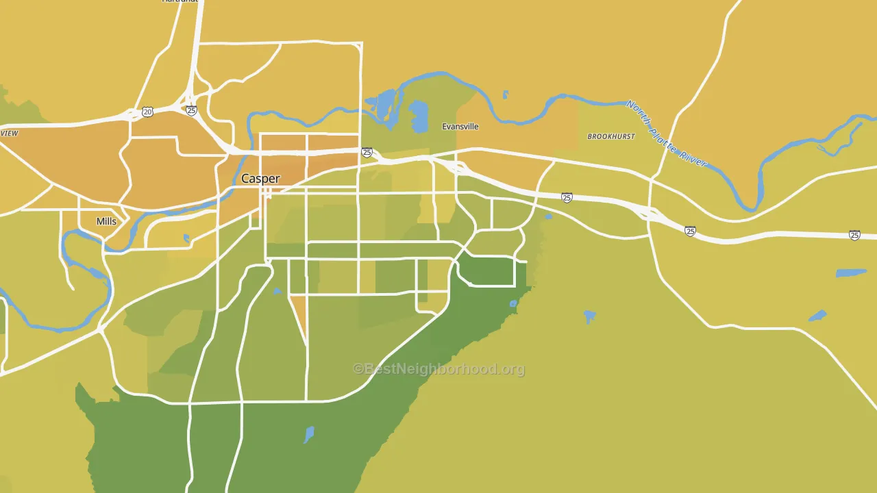Map of the best neighborhoods in the 82609 area, with better matches in green and worse matches in red