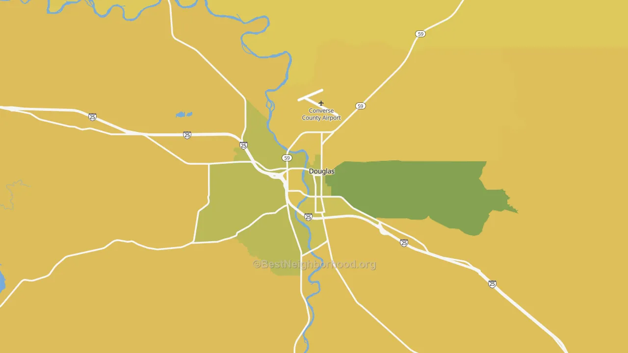 Map of the best neighborhoods in the 82633 area, with better matches in green and worse matches in red