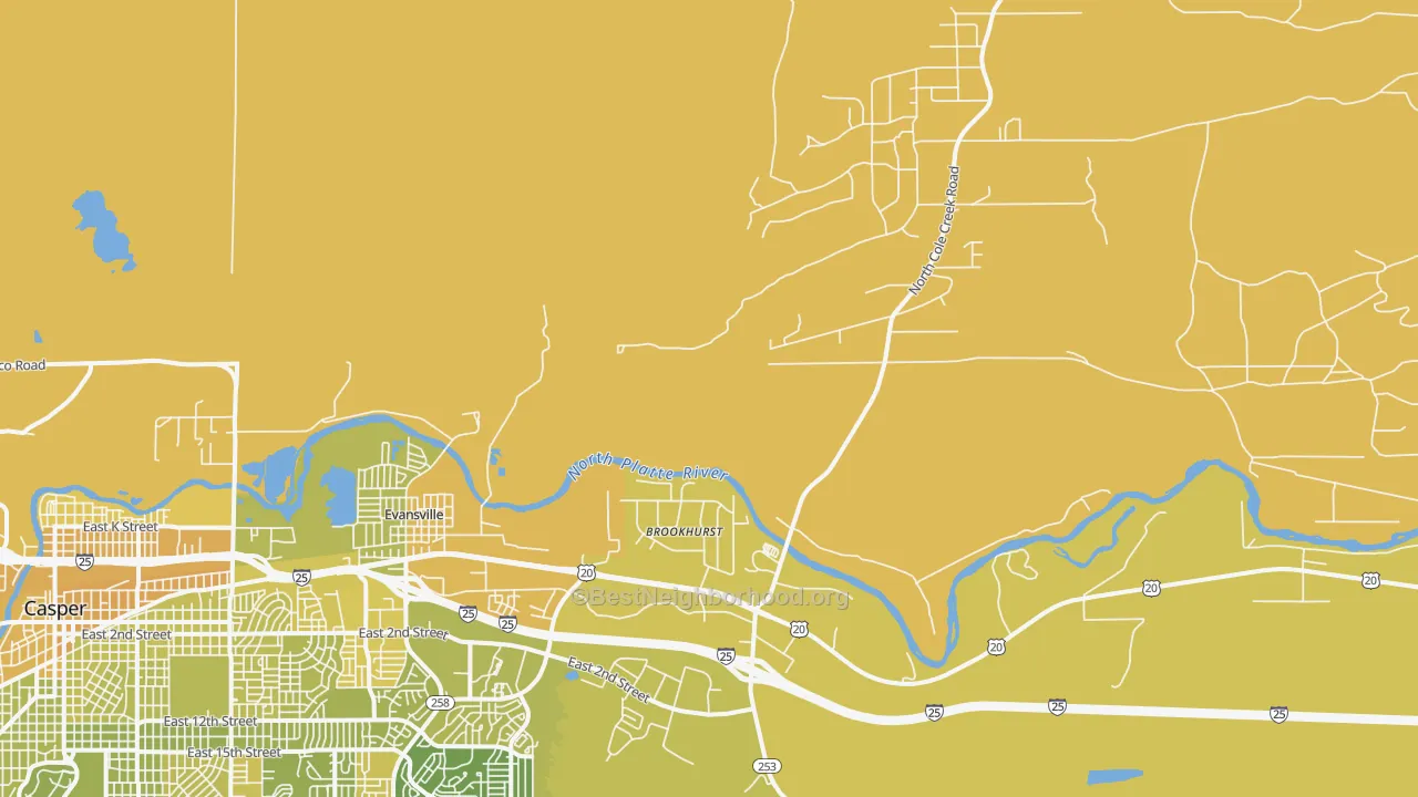 Map of the best neighborhoods in the 82636 area, with better matches in green and worse matches in red