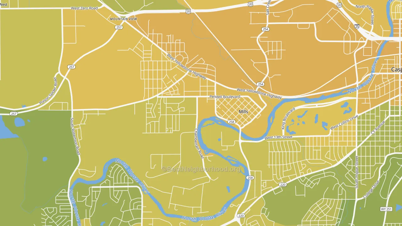 Map of the best neighborhoods in the 82644 area, with better matches in green and worse matches in red