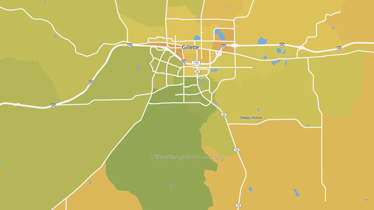 Map of the best neighborhoods in the 82718 area, with better matches in green and worse matches in red