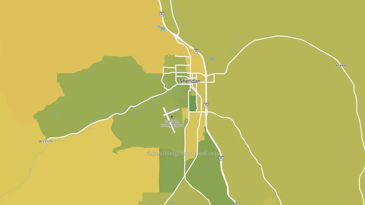 Map of the best neighborhoods in the 82801 area, with better matches in green and worse matches in red