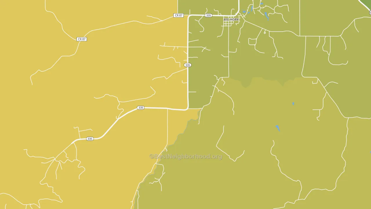 Map of the best neighborhoods in the 82833 area, with better matches in green and worse matches in red