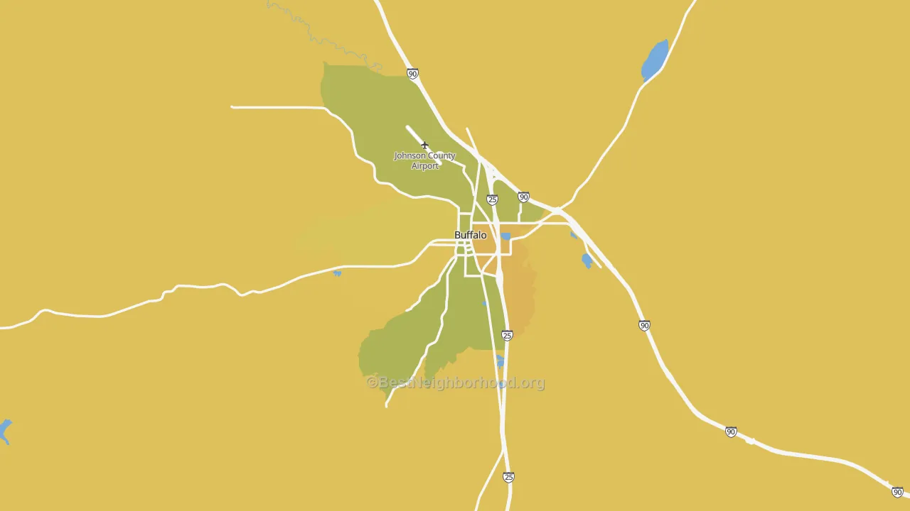 Map of the best neighborhoods in the 82834 area, with better matches in green and worse matches in red